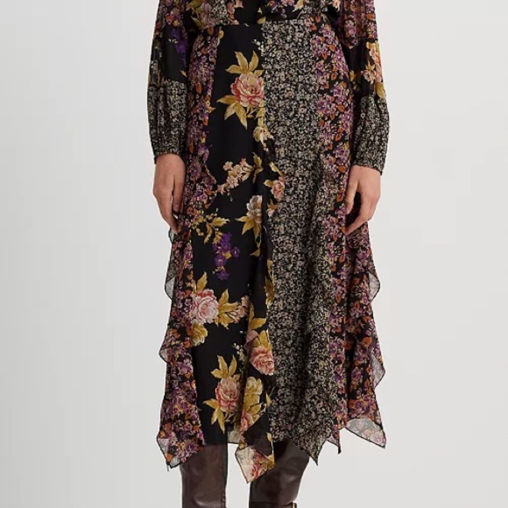 Lauren Ralph Lauren Womens Mixed-Floral Ruffle-Trim Georgette Skirt